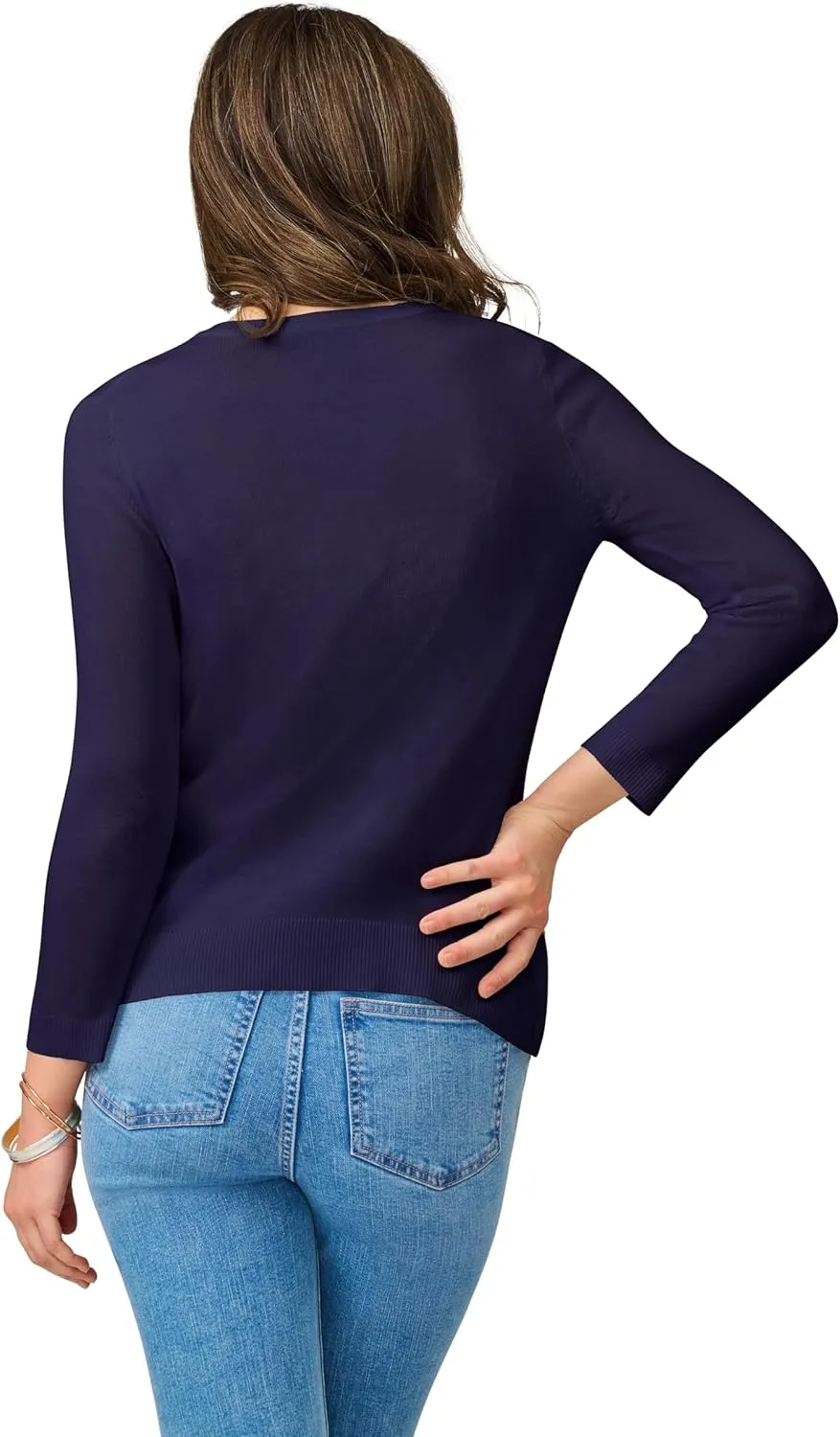 Cable & Gauge Women's Lady Button Front Cardigan Lightweight Button-Up Sweater, Crew Neck, 3/4 Sleeve, Versatile Layering Top