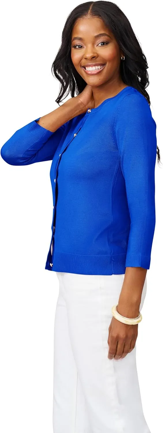 Cable & Gauge Women's Lady Button Front Cardigan Lightweight Button-Up Sweater, Crew Neck, 3/4 Sleeve, Versatile Layering Top