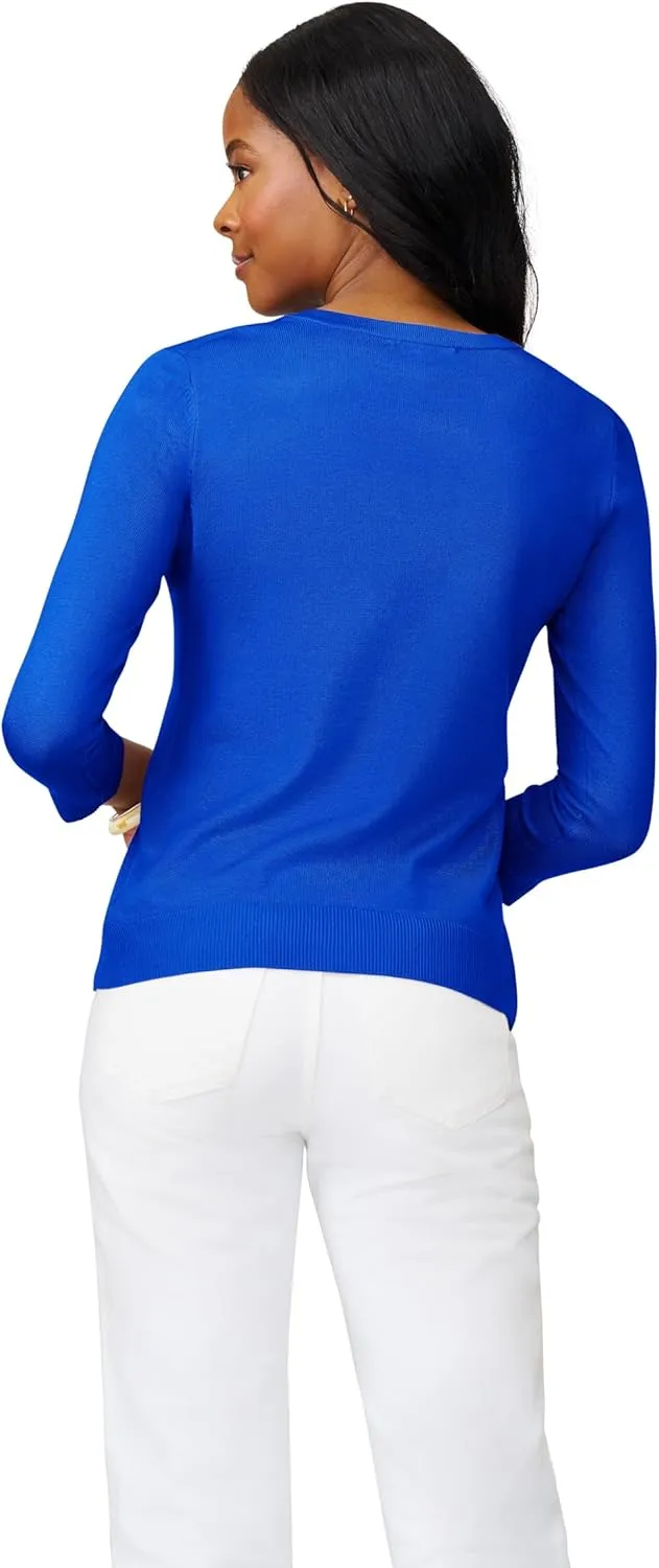 Cable & Gauge Women's Lady Button Front Cardigan Lightweight Button-Up Sweater, Crew Neck, 3/4 Sleeve, Versatile Layering Top