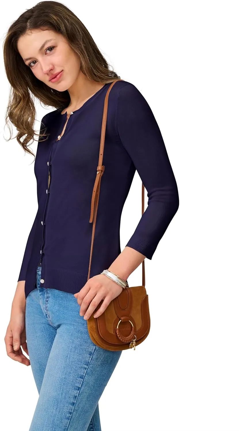 Cable & Gauge Women's Lady Button Front Cardigan Lightweight Button-Up Sweater, Crew Neck, 3/4 Sleeve, Versatile Layering Top