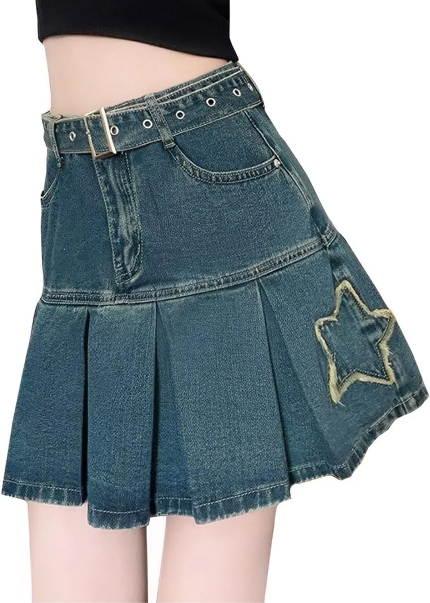 Casual Women's Denim Mini Skirt Y2K Fashion Vintage A Line High Waist Pleated Star Tassel Patch Jean Skirt