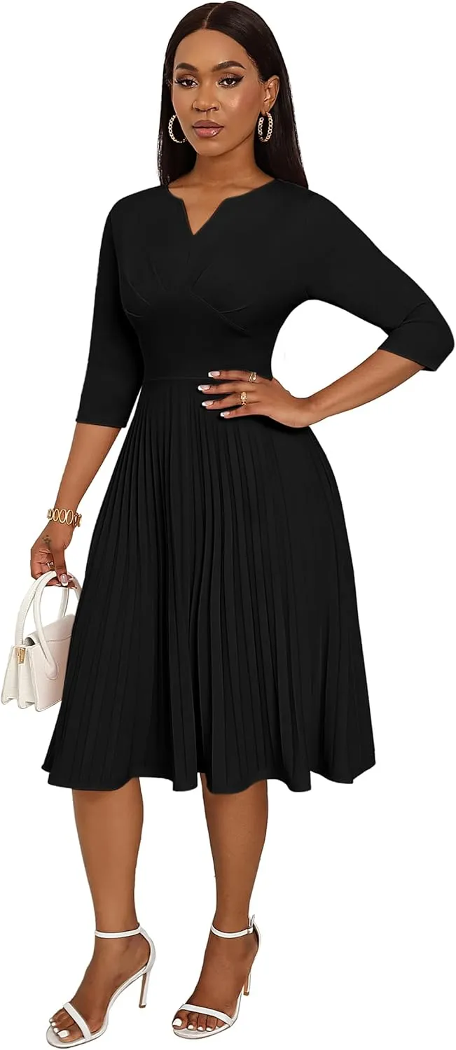 CLOCOR Midi Dresses for Women Casual Wrap Flared Pleated Dress A Line 3/4 Sleeve V Neck Church Cocktail Wedding Guest Dress