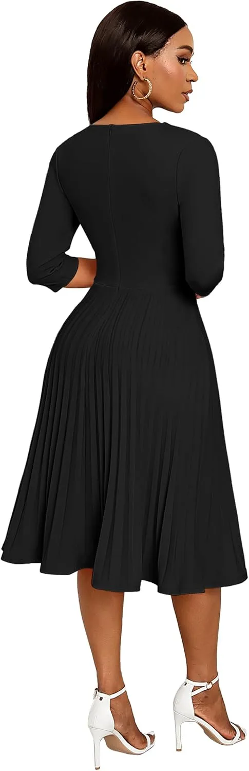 CLOCOR Midi Dresses for Women Casual Wrap Flared Pleated Dress A Line 3/4 Sleeve V Neck Church Cocktail Wedding Guest Dress