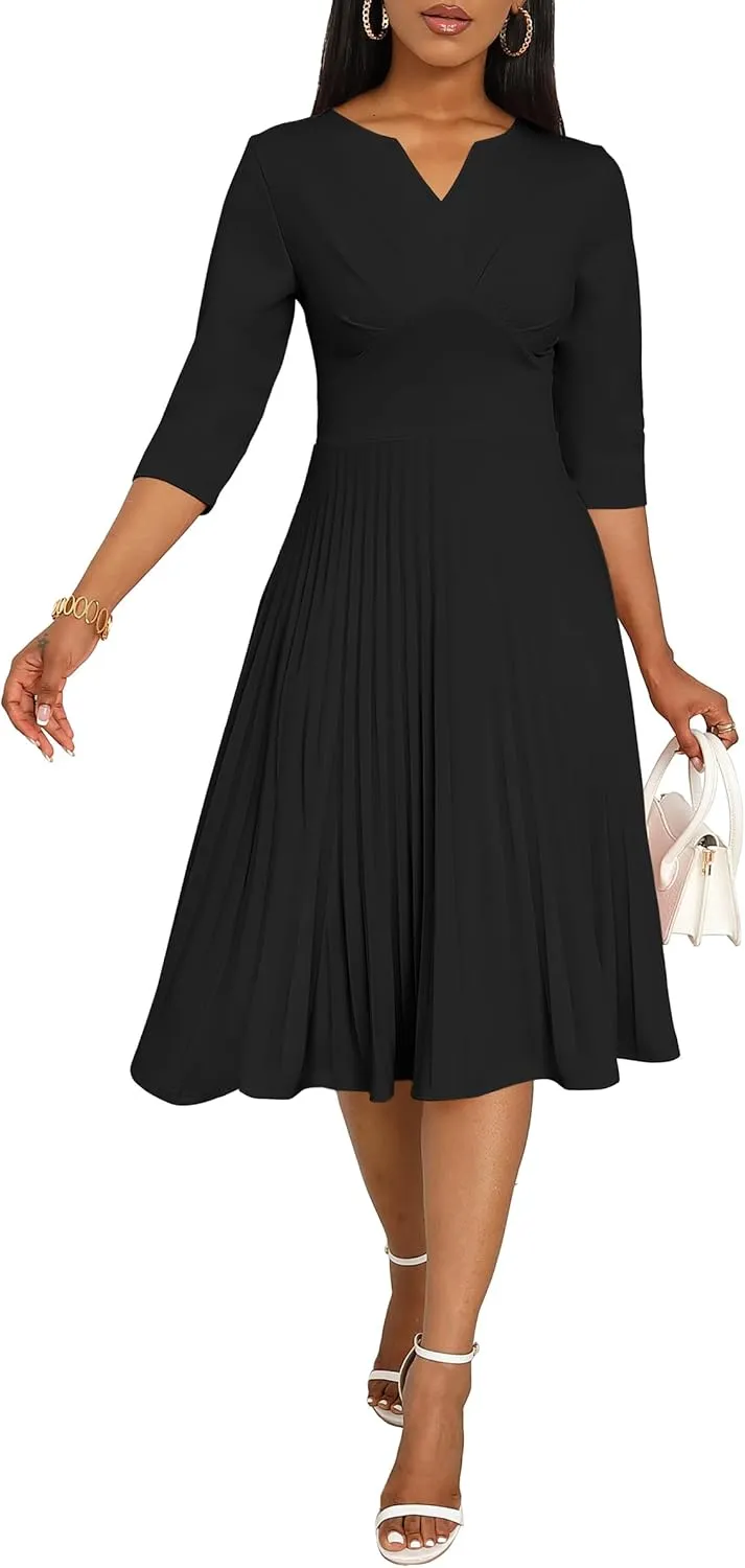 CLOCOR Midi Dresses for Women Casual Wrap Flared Pleated Dress A Line 3/4 Sleeve V Neck Church Cocktail Wedding Guest Dress