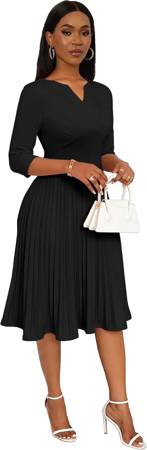 CLOCOR Midi Dresses for Women Casual Wrap Flared Pleated Dress A Line 3/4 Sleeve V Neck Church Cocktail Wedding Guest Dress