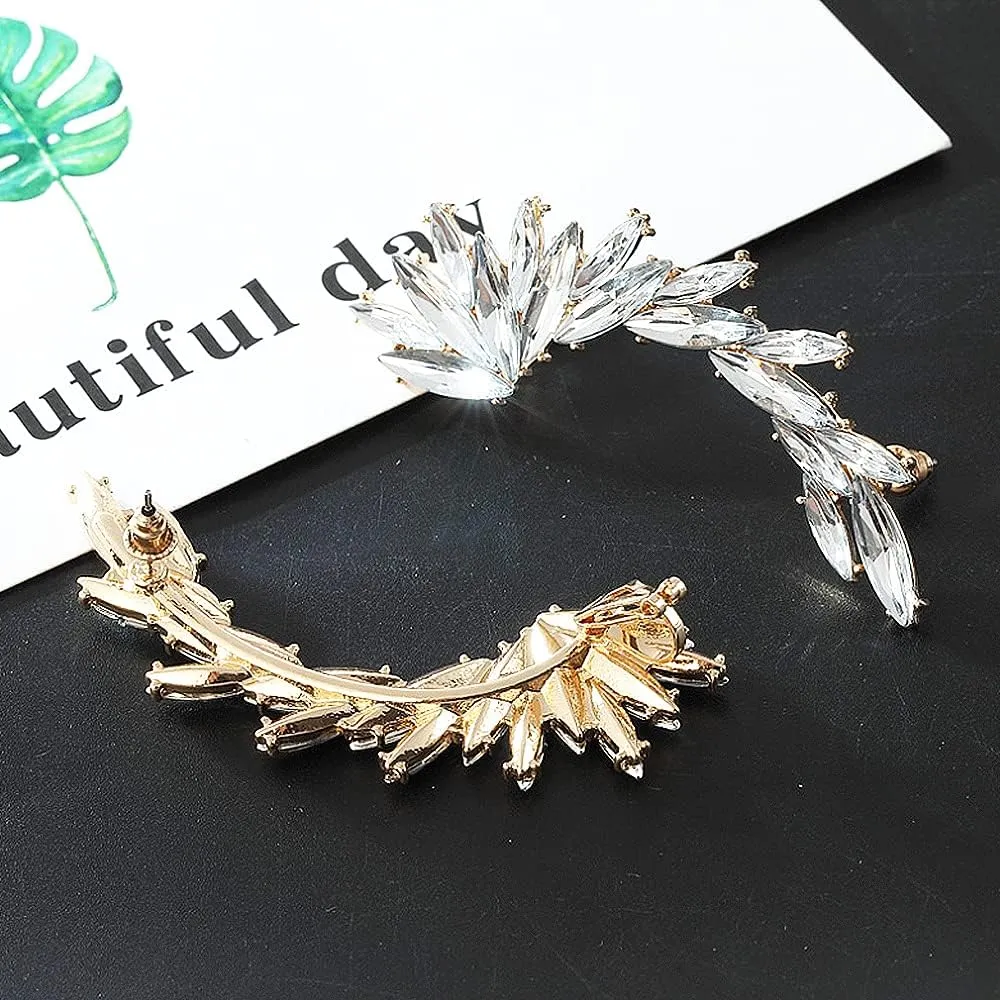 Crystal Leaf Climbers Crawler Jewelry Jacket Earrings Sparkly Zircon Pave Metal Ear Cuff Wrap Clip Stud Earring Climber Top Ear Clip for Women