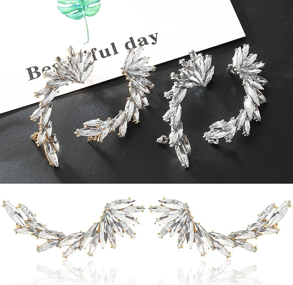 Crystal Leaf Climbers Crawler Jewelry Jacket Earrings Sparkly Zircon Pave Metal Ear Cuff Wrap Clip Stud Earring Climber Top Ear Clip for Women