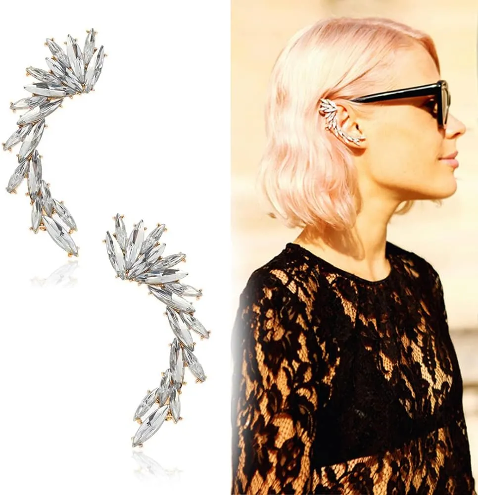 Crystal Leaf Climbers Crawler Jewelry Jacket Earrings Sparkly Zircon Pave Metal Ear Cuff Wrap Clip Stud Earring Climber Top Ear Clip for Women