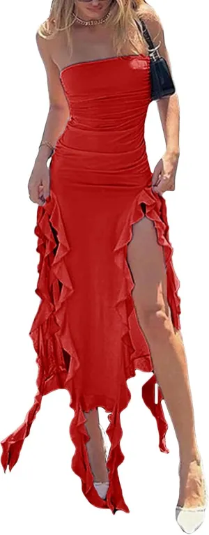 Ecirod Womens Spaghetti Strap High Slit Bodycon Maxi Dress Square Neck Backless Party Club Dresses