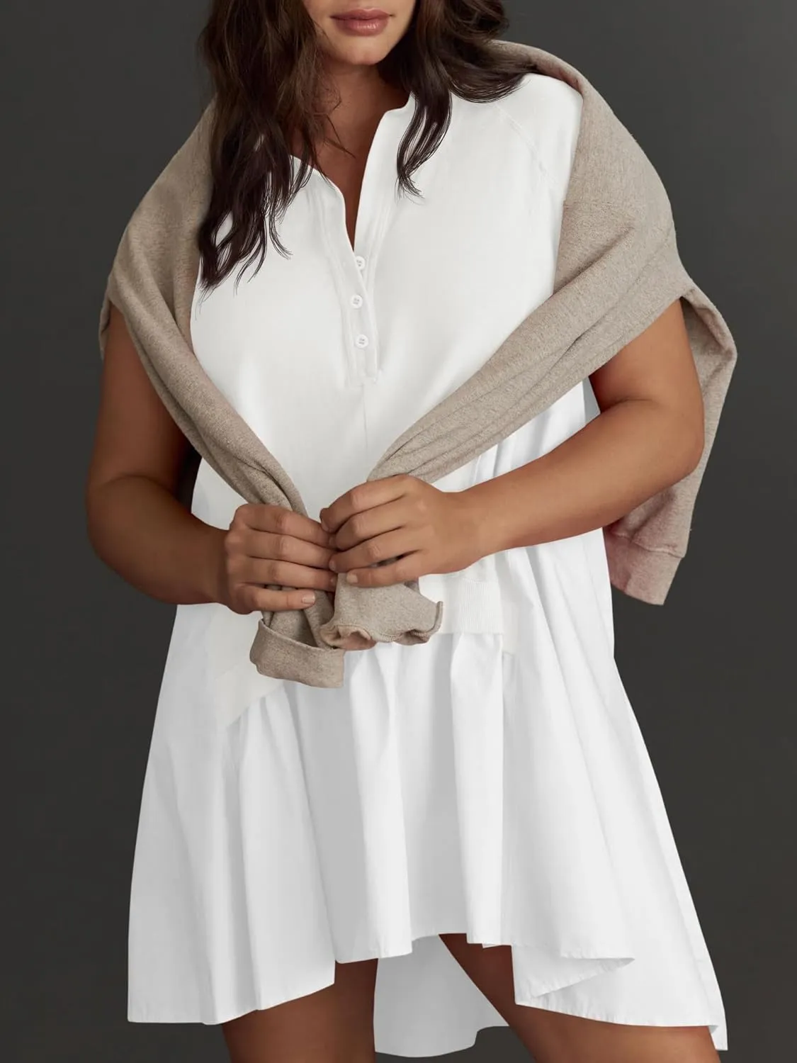 Fisoew Womens Summer Sweatshirt Dresses Short Sleeve V Neck Casual Oversized Patchwork Mini Dress