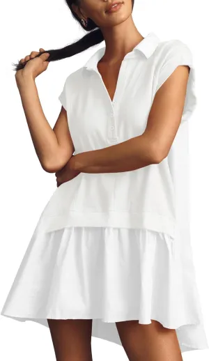 Fisoew Womens Summer Sweatshirt Dresses Short Sleeve V Neck Casual Oversized Patchwork Mini Dress