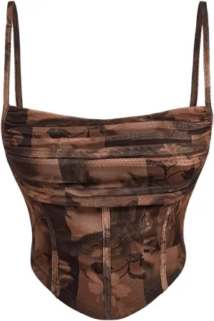Floerns Women's Retro Sleeveless Crop Cami Top Ruched Asymmetrical Hem Corset Tops