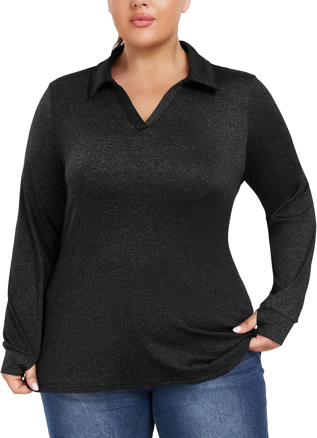 FOREYOND Women's Plus Size Long Sleeve Polo Shirts V-Neck Workout Tops Moisture Wicking Golf Shirts