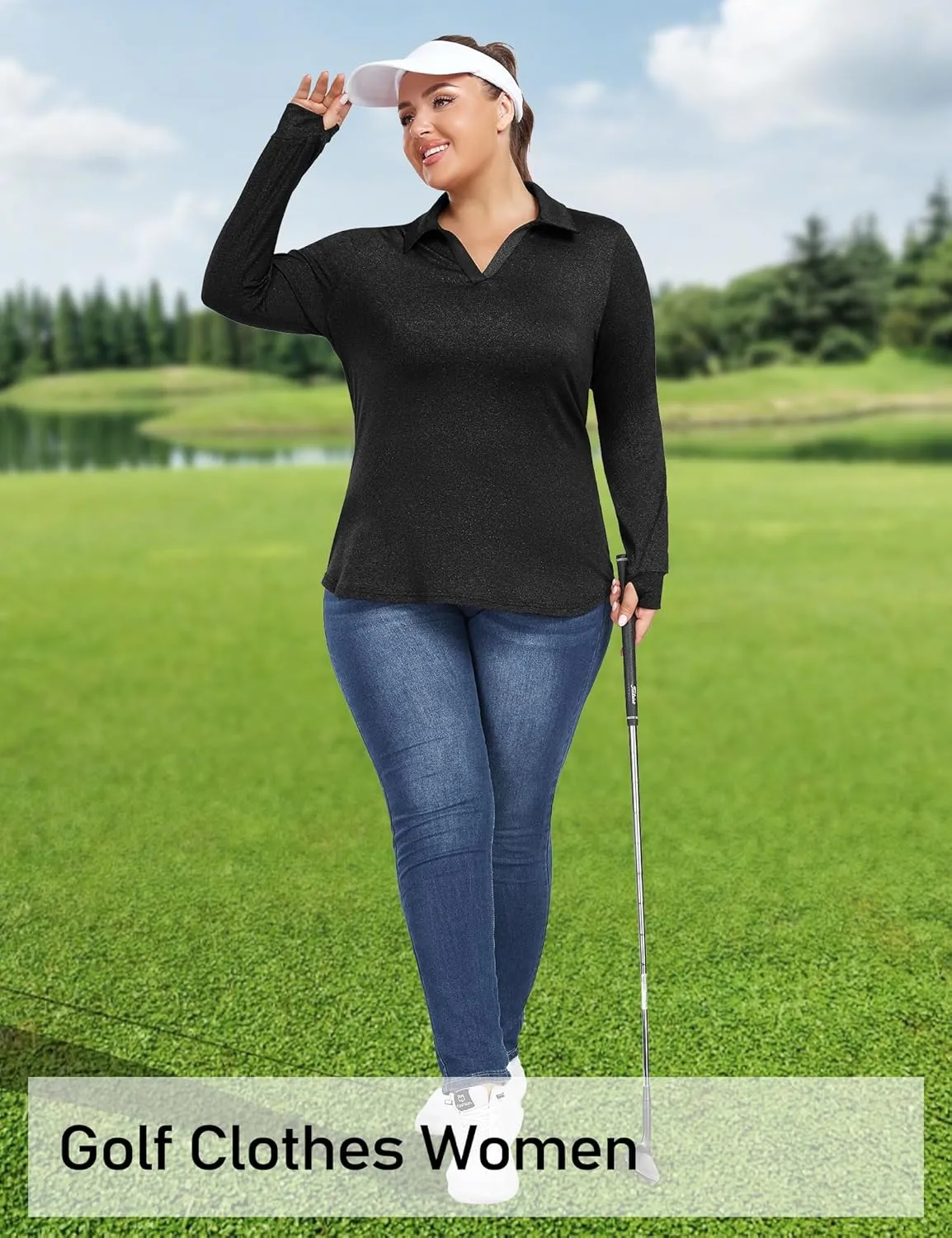 FOREYOND Women's Plus Size Long Sleeve Polo Shirts V-Neck Workout Tops Moisture Wicking Golf Shirts