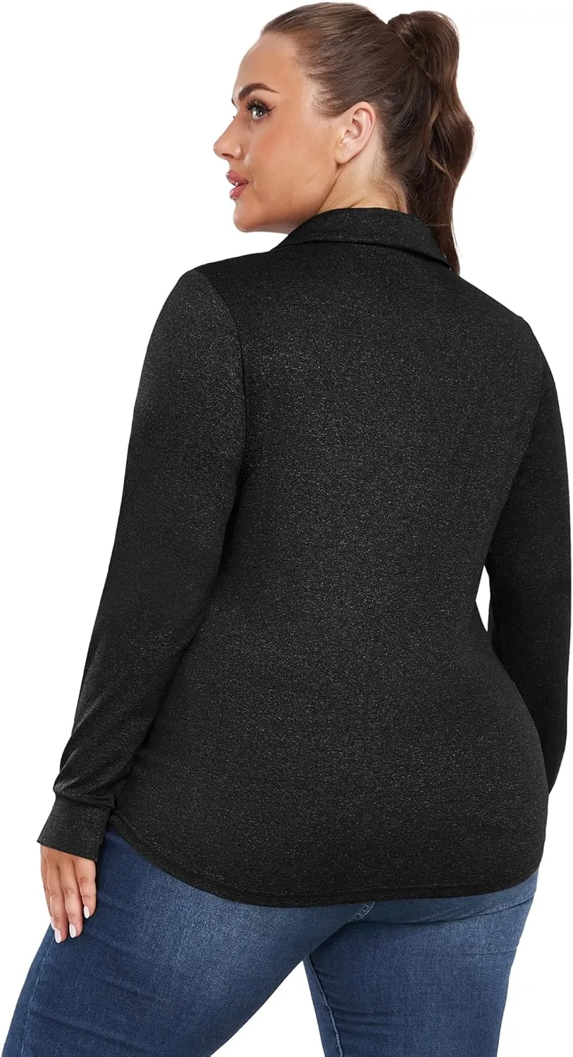 FOREYOND Women's Plus Size Long Sleeve Polo Shirts V-Neck Workout Tops Moisture Wicking Golf Shirts