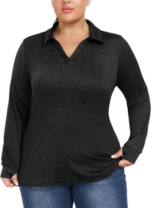 FOREYOND Women's Plus Size Long Sleeve Polo Shirts V-Neck Workout Tops Moisture Wicking Golf Shirts