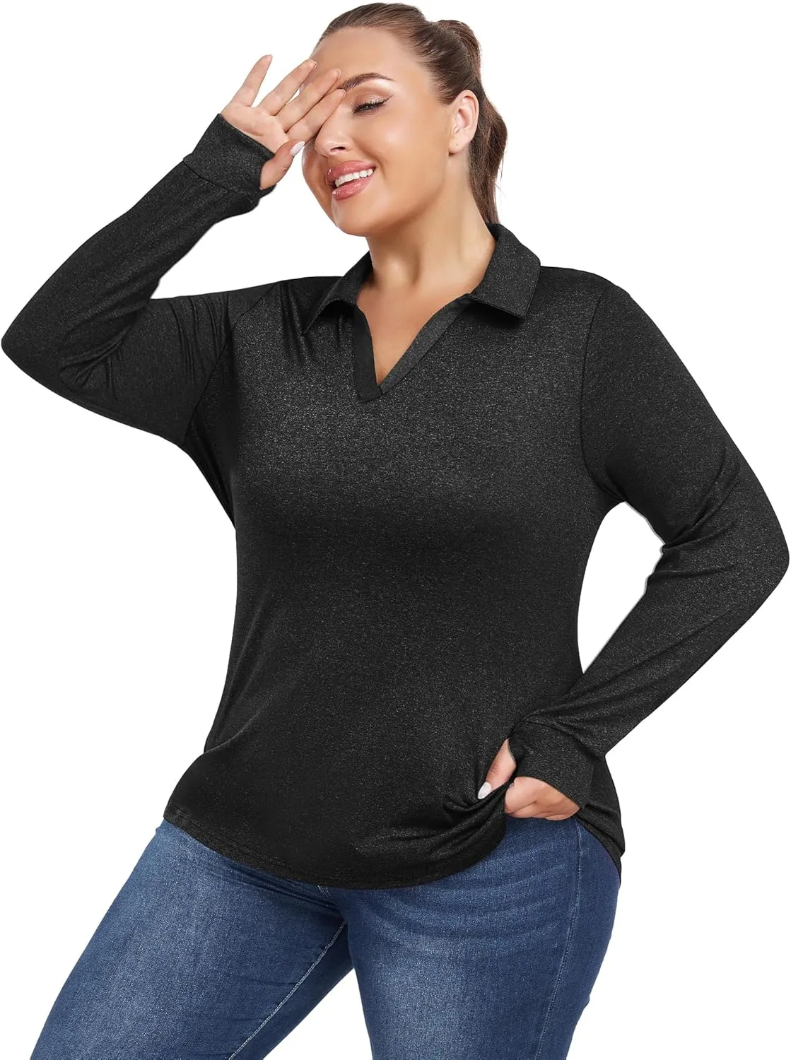 FOREYOND Women's Plus Size Long Sleeve Polo Shirts V-Neck Workout Tops Moisture Wicking Golf Shirts