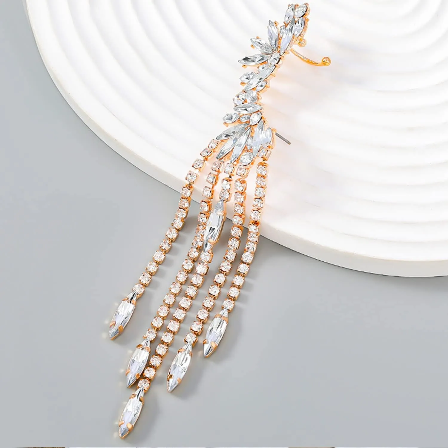 Gold Plated Crystal Leaf Climbers Crawler Jewelry Jacket Earrings Sparkly Zircon Pave Metal Left Ear Cuff Wrap Clip Stud Earring Climber Top Ear Clip for Women 1 PC