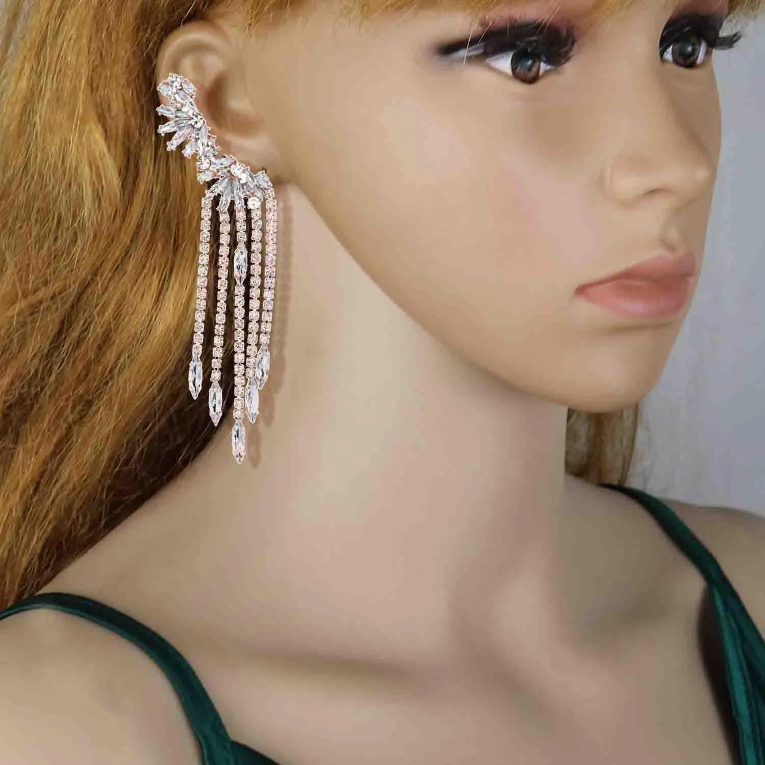 Gold Plated Crystal Leaf Climbers Crawler Jewelry Jacket Earrings Sparkly Zircon Pave Metal Left Ear Cuff Wrap Clip Stud Earring Climber Top Ear Clip for Women 1 PC