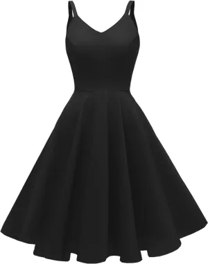 GOOBGS Women's 1950s Retro Vintage Spaghetti Strap Cocktail Swing Dresses with Pockets
