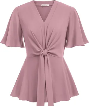 GRACE KARIN 2024 Women's Elegant V Neck Peplum Tops Tie Front Short Bell Sleeve Shirts Tops Blouse