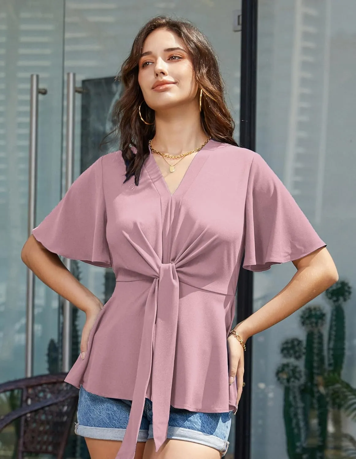 GRACE KARIN 2024 Women's Elegant V Neck Peplum Tops Tie Front Short Bell Sleeve Shirts Tops Blouse