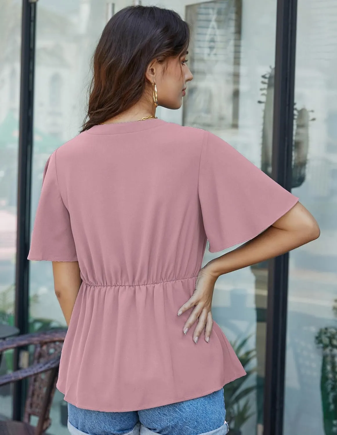 GRACE KARIN 2024 Women's Elegant V Neck Peplum Tops Tie Front Short Bell Sleeve Shirts Tops Blouse