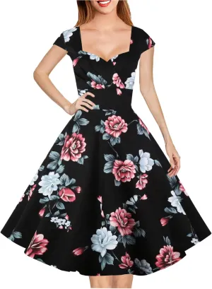 Hanpceirs Women's Cap Sleeve 1950s Retro Vintage Cocktail Swing Dresses with Pocket