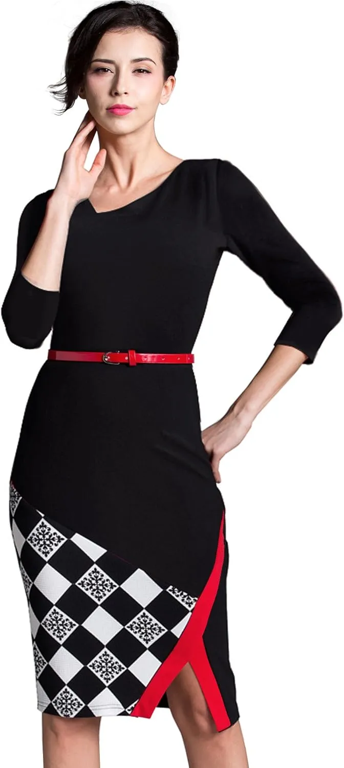 HOMEYEE Women's Elegant Patchwork Sheath Sleeveless Business Dress B290
