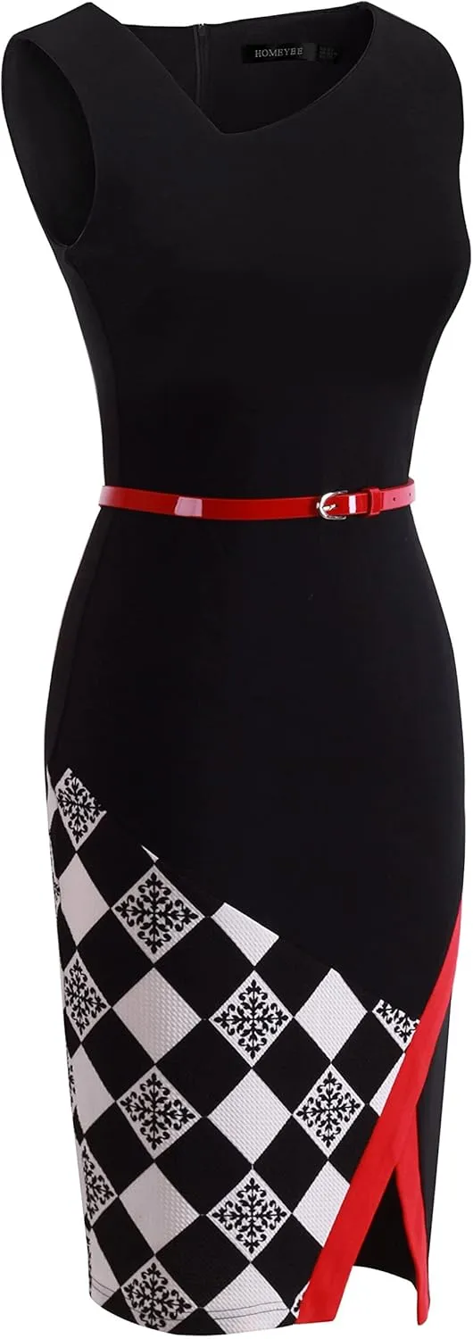 HOMEYEE Women's Elegant Patchwork Sheath Sleeveless Business Dress B290