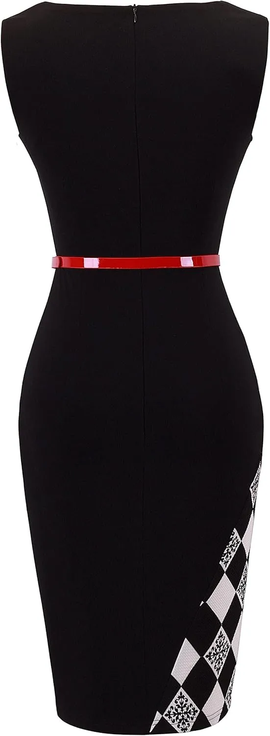 HOMEYEE Women's Elegant Patchwork Sheath Sleeveless Business Dress B290