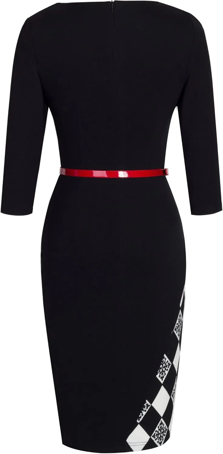 HOMEYEE Women's Elegant Patchwork Sheath Sleeveless Business Dress B290