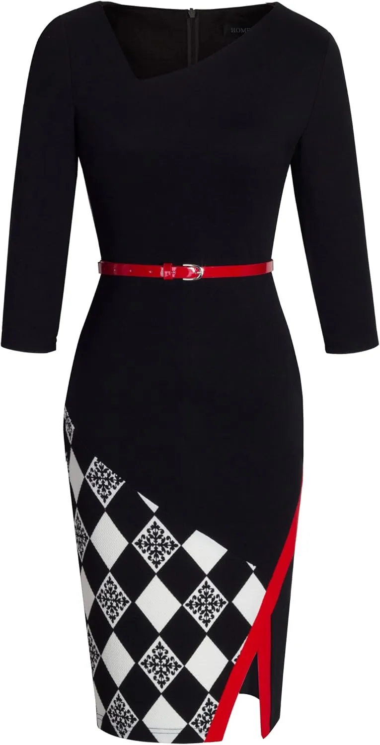 HOMEYEE Women's Elegant Patchwork Sheath Sleeveless Business Dress B290