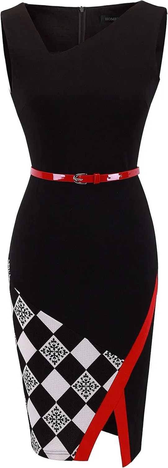 HOMEYEE Women's Elegant Patchwork Sheath Sleeveless Business Dress B290