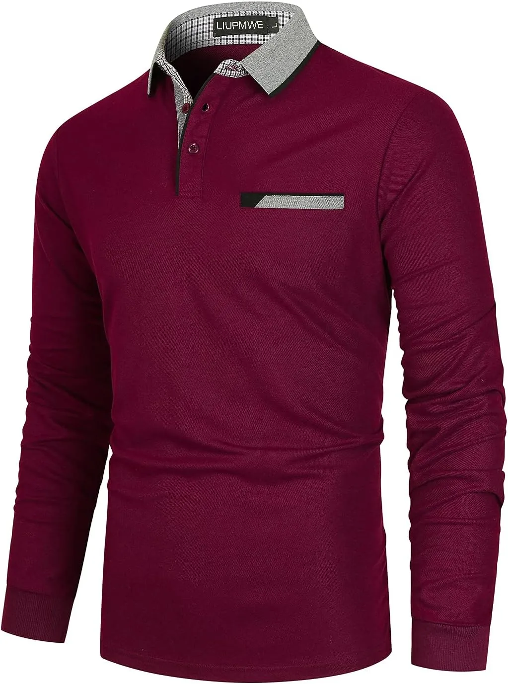 LIUPMWE Polo Shirts for Men Long Sleeve Golf Shirt Slim Fit Classic Plaid Collar Cotton Golf T-Shirts Casual Polo Shirts