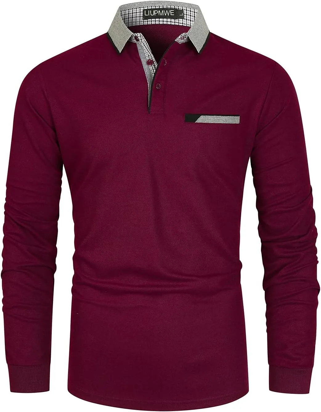 LIUPMWE Polo Shirts for Men Long Sleeve Golf Shirt Slim Fit Classic Plaid Collar Cotton Golf T-Shirts Casual Polo Shirts