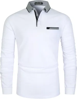 LIUPMWE Polo Shirts for Men Long Sleeve Golf Shirt Slim Fit Classic Plaid Collar Cotton Golf T-Shirts Casual Polo Shirts