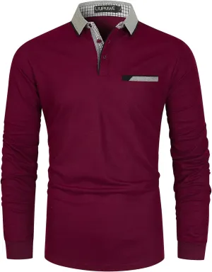 LIUPMWE Polo Shirts for Men Long Sleeve Golf Shirt Slim Fit Classic Plaid Collar Cotton Golf T-Shirts Casual Polo Shirts