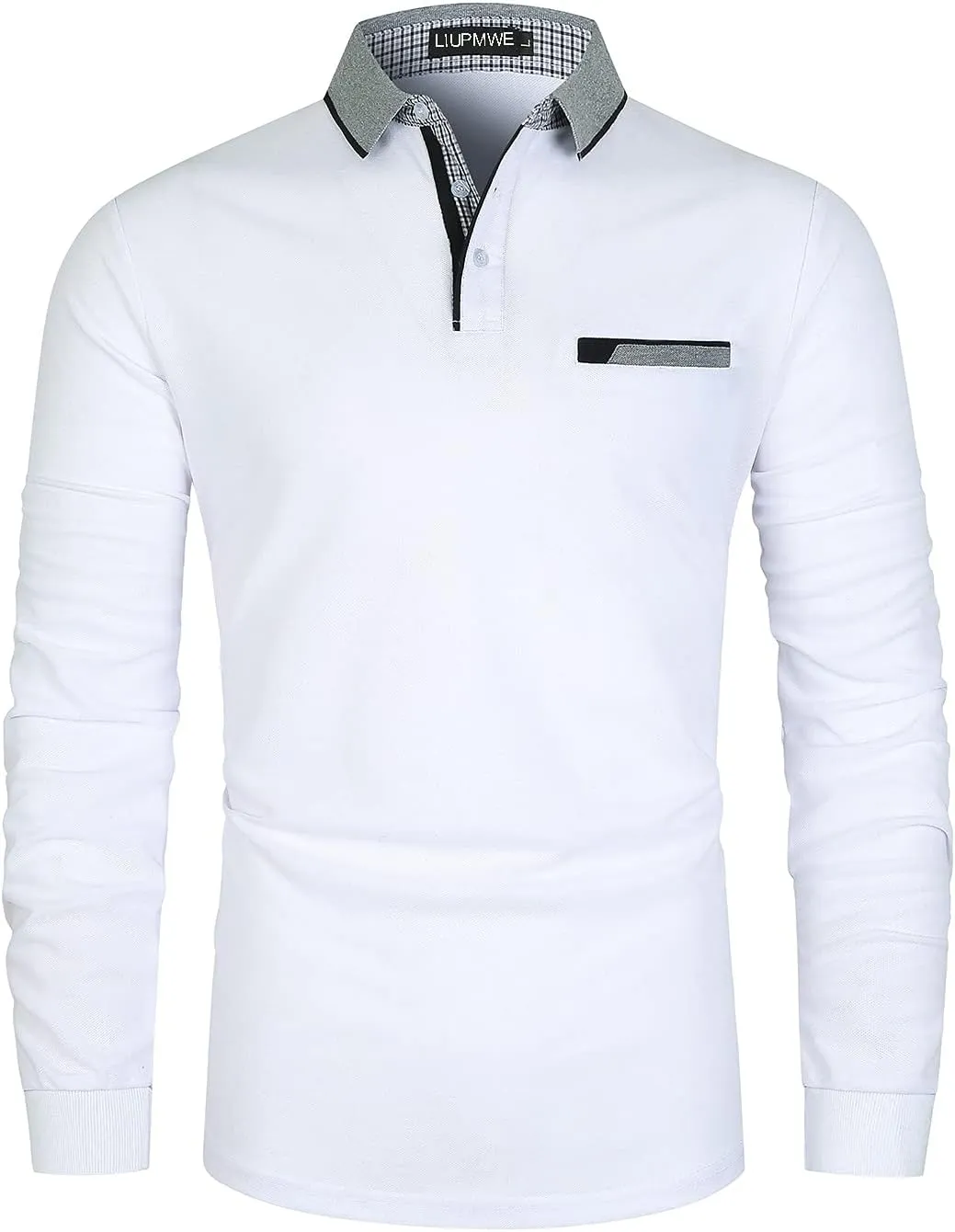 LIUPMWE Polo Shirts for Men Long Sleeve Golf Shirt Slim Fit Classic Plaid Collar Cotton Golf T-Shirts Casual Polo Shirts