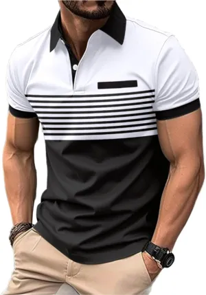 Mens Short Sleeve Striped Polo Shirts Fashion Contrast Color Golf Tops with Chest Striped Decoration