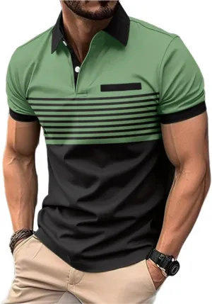 Mens Short Sleeve Striped Polo Shirts Fashion Contrast Color Golf Tops with Chest Striped Decoration