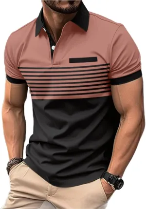 Mens Short Sleeve Striped Polo Shirts Fashion Contrast Color Golf Tops with Chest Striped Decoration