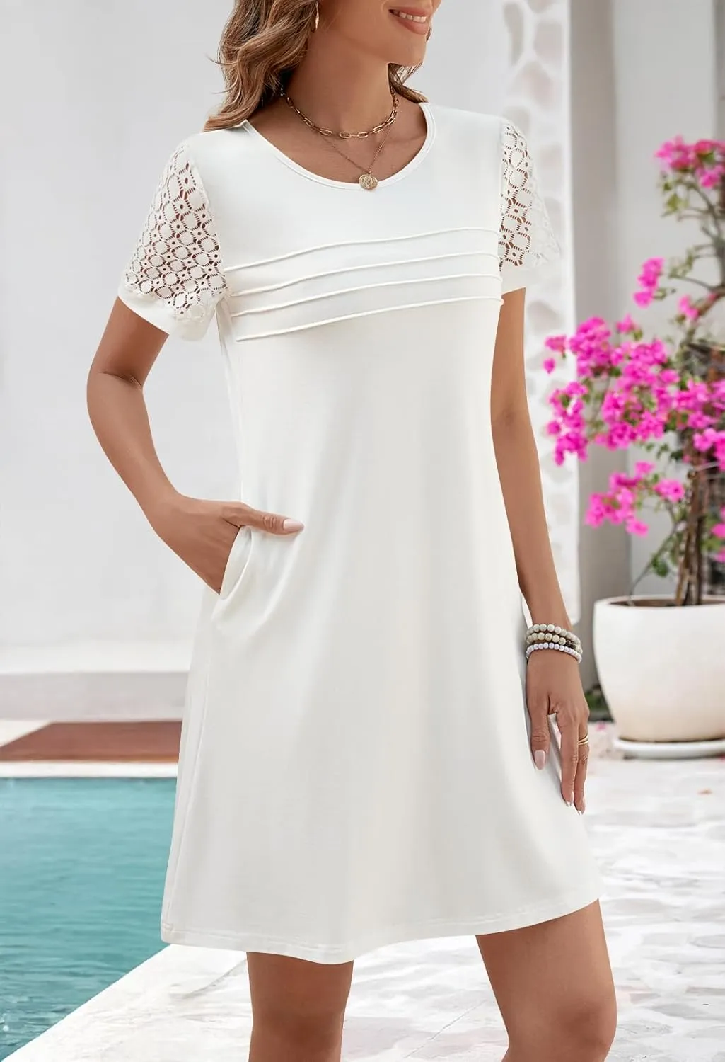 MEROKEETY Women's Summer Short Lace Sleeve T Shirt Dress Casual Crew Neck Pleated Front Shift Dresses