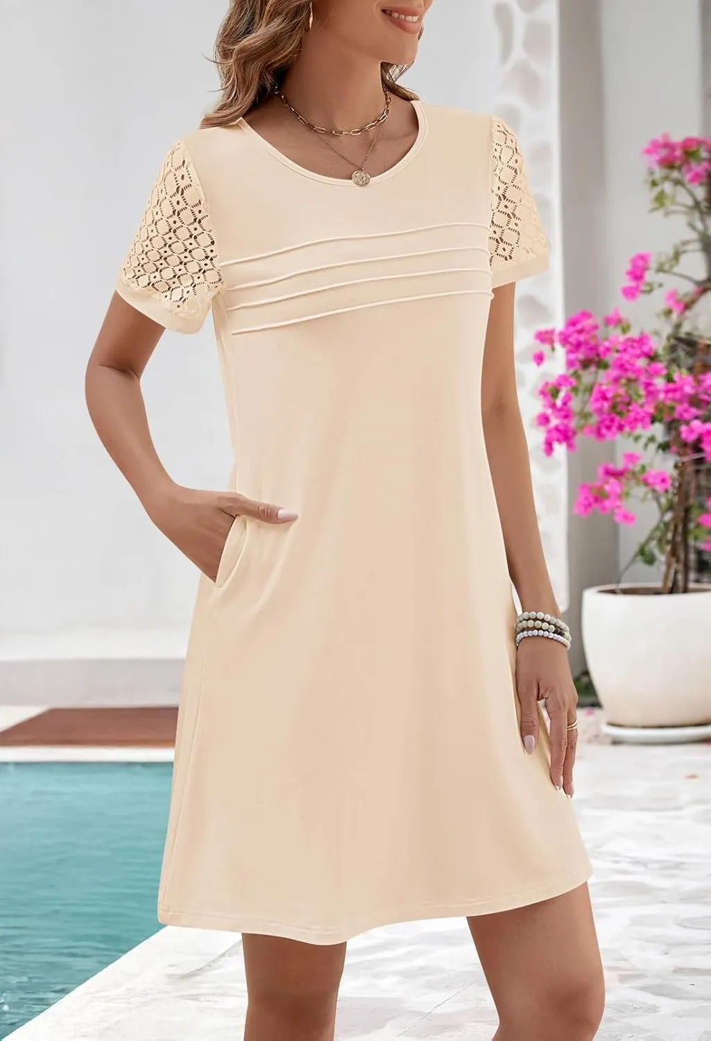 MEROKEETY Women's Summer Short Lace Sleeve T Shirt Dress Casual Crew Neck Pleated Front Shift Dresses