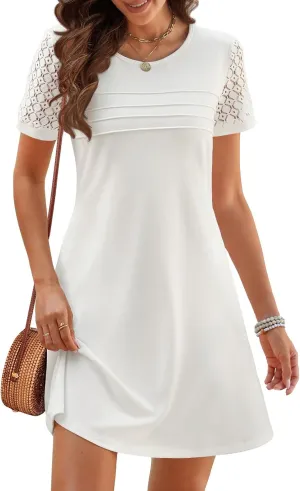 MEROKEETY Women's Summer Short Lace Sleeve T Shirt Dress Casual Crew Neck Pleated Front Shift Dresses