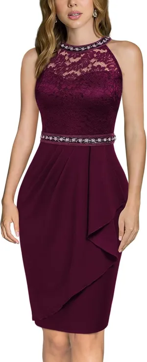 Miusol Women's Retro Floral Lace Halter Neck Sleeveless Cocktail Party Dress