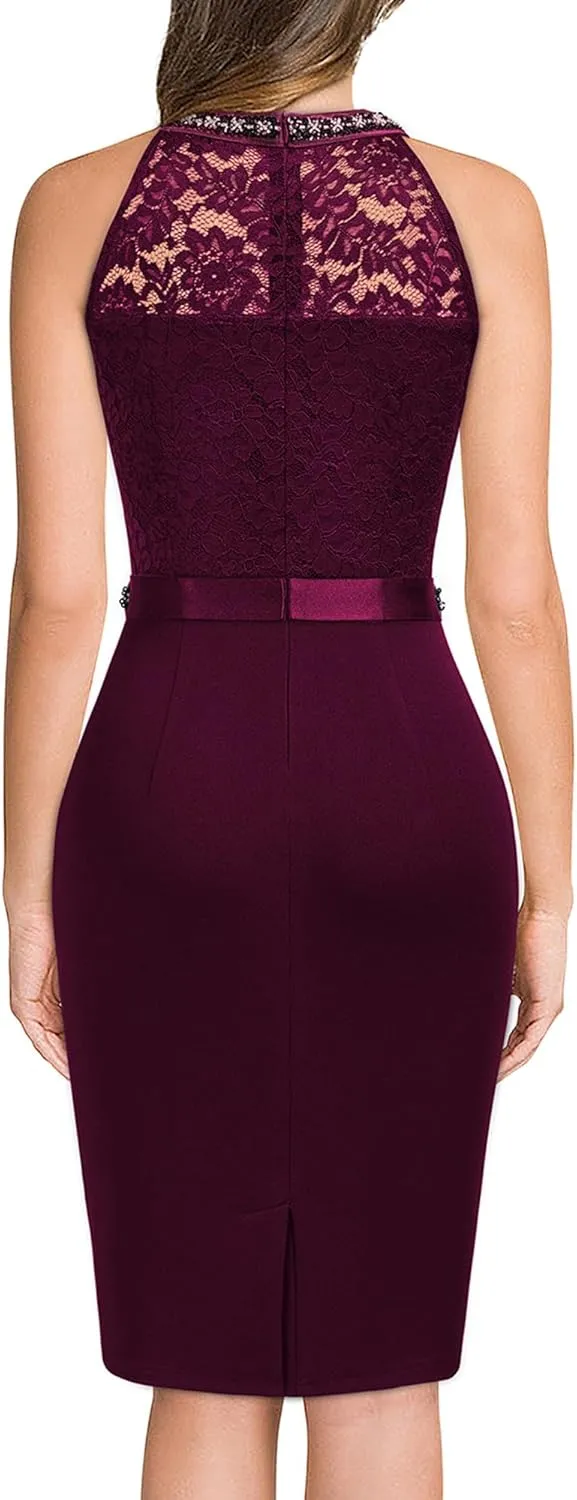 Miusol Women's Retro Floral Lace Halter Neck Sleeveless Cocktail Party Dress