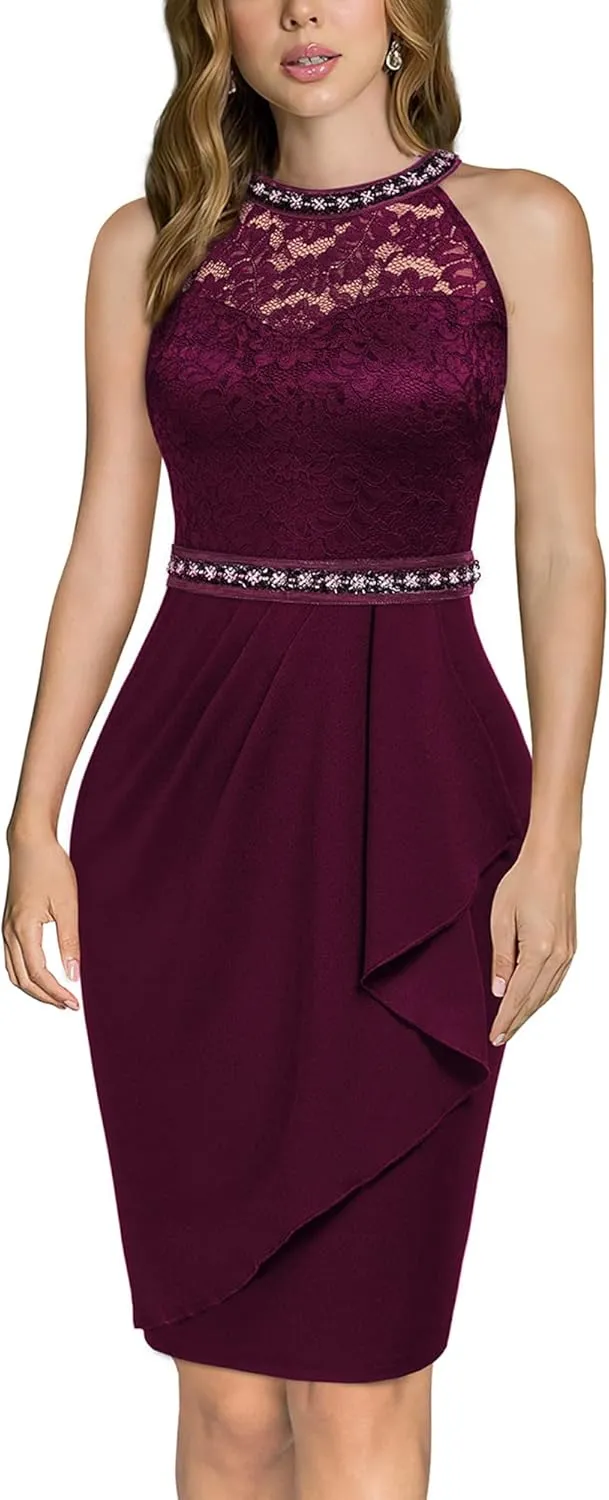 Miusol Women's Retro Floral Lace Halter Neck Sleeveless Cocktail Party Dress