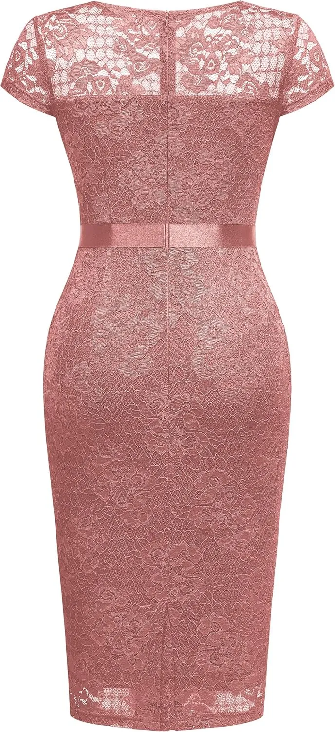 Miusol Women's Retro V Neck Elegant Floral Lace Short Sleeve Cocktail Dress