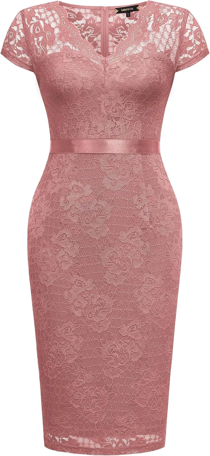 Miusol Women's Retro V Neck Elegant Floral Lace Short Sleeve Cocktail Dress